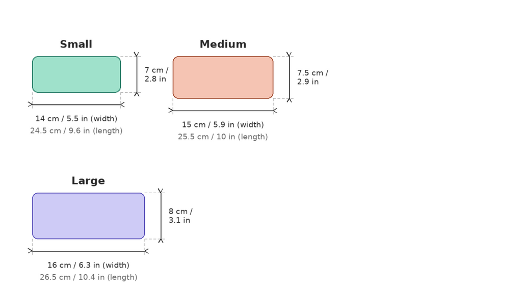 Size chart showing dimensions for Small, Medium, and Large rounded rectangular shapes in green, peach, and light purple, with measurements in centimeters and inches on a white background.