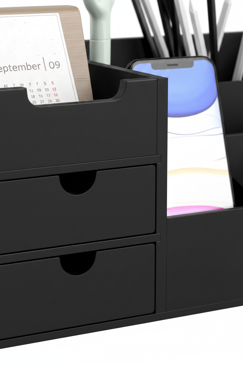 A black multi-compartment desk organizer with two drawers, shown holding a calendar, a smartphone, and pens.