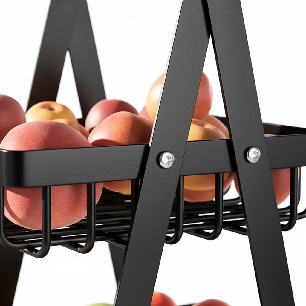 Close-up of a black metal fruit basket organizer holding several red and yellow apples, shown against a white background.