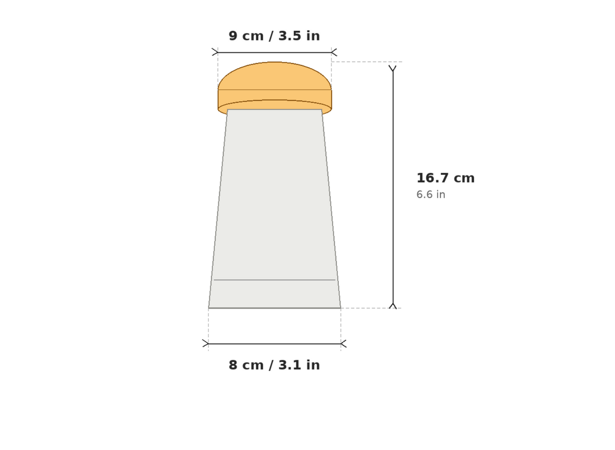 A simple line drawing of a cylindrical container with a rounded orange cap, showing dimension labels: 9 cm / 3.5 in across the top, 16.7 cm height and 8 cm length.  