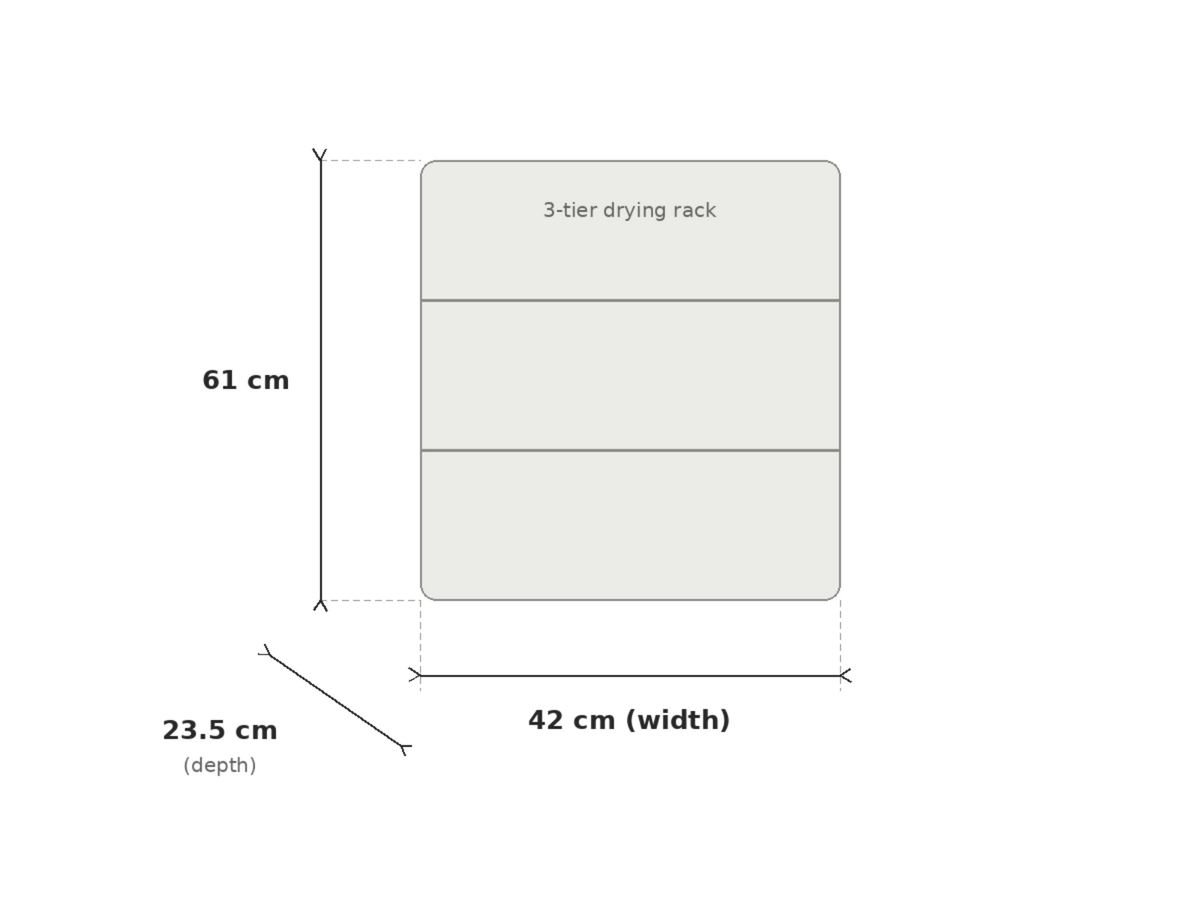 A simple line drawing on a white background showing the dimensions of a 3-tier drying rack. The diagram labels the height as 61 cm, the width as 42 cm, and the depth as 23.