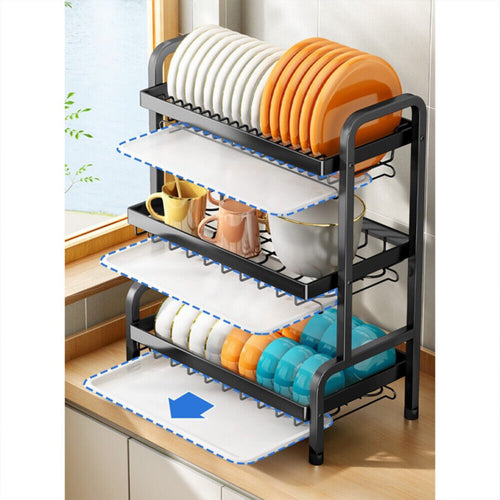 Dish drying rack showing the drip trays sliding out from each tier for easy draining and cleaning