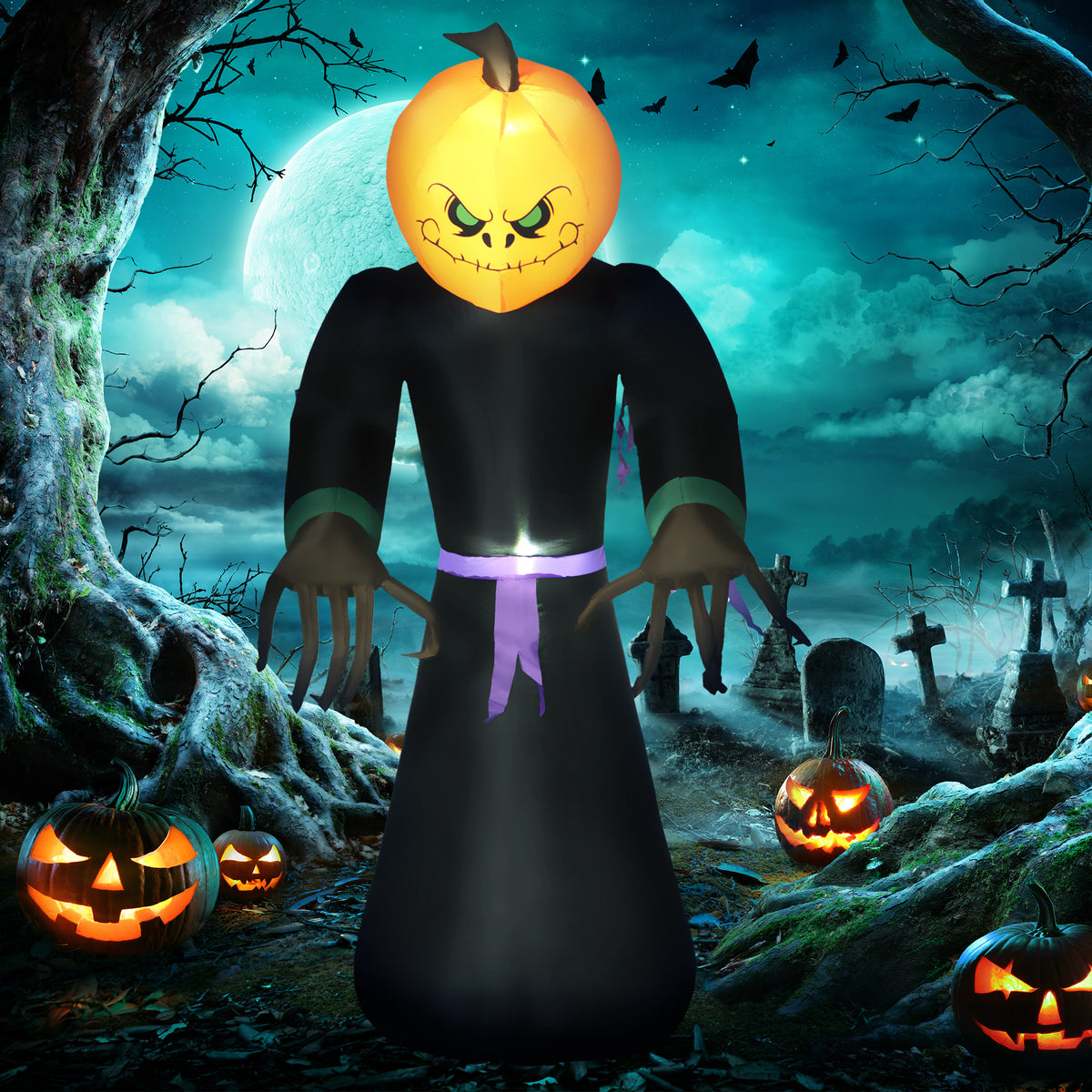 Halloween-themed inflatable figure with pumpkin head in a graveyard setting