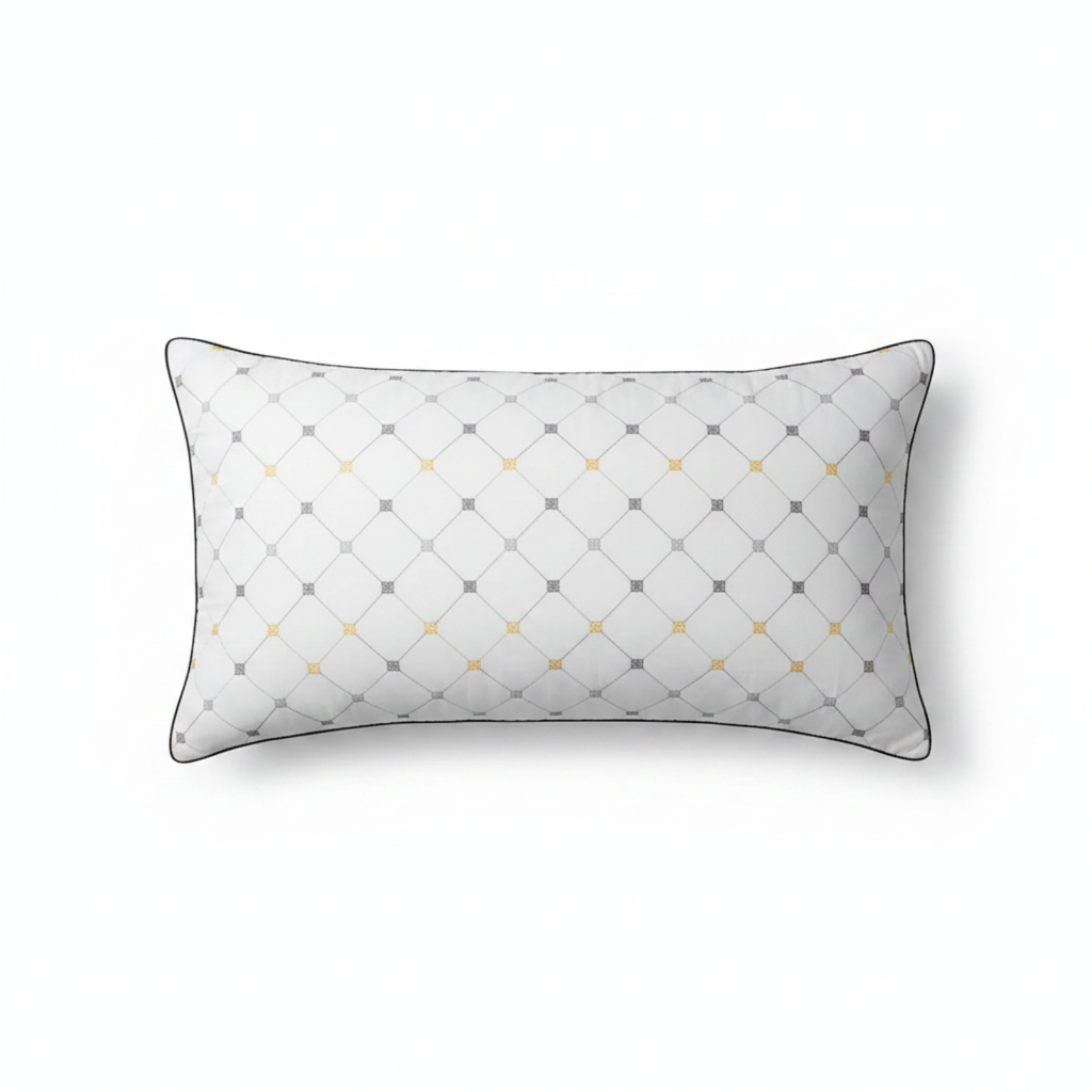 A rectangular lumbar pillow with a white background, featuring a gray diamond lattice pattern accented with small yellow dots, finished with a thin dark gray piped edge.