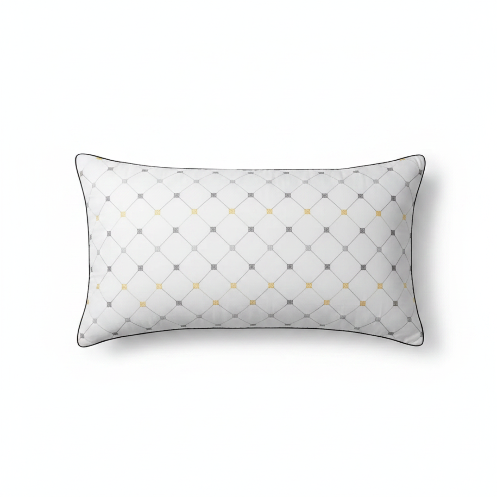 A rectangular lumbar pillow with a white background, featuring a gray diamond lattice pattern accented with small yellow dots, finished with a thin dark gray piped edge.