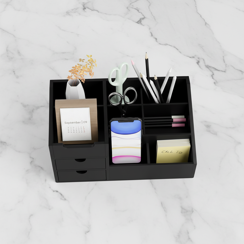 A black multi-compartment desk organizer tray holding pens, scissors, sticky notes, a small vase with dried flowers, and a calendar card, photographed from above on a white marble surface.