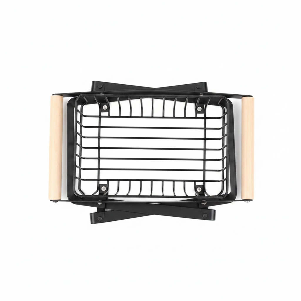 A black metal wire basket with light beige wooden side handles, shown from a top-down foldable view on a solid white background.