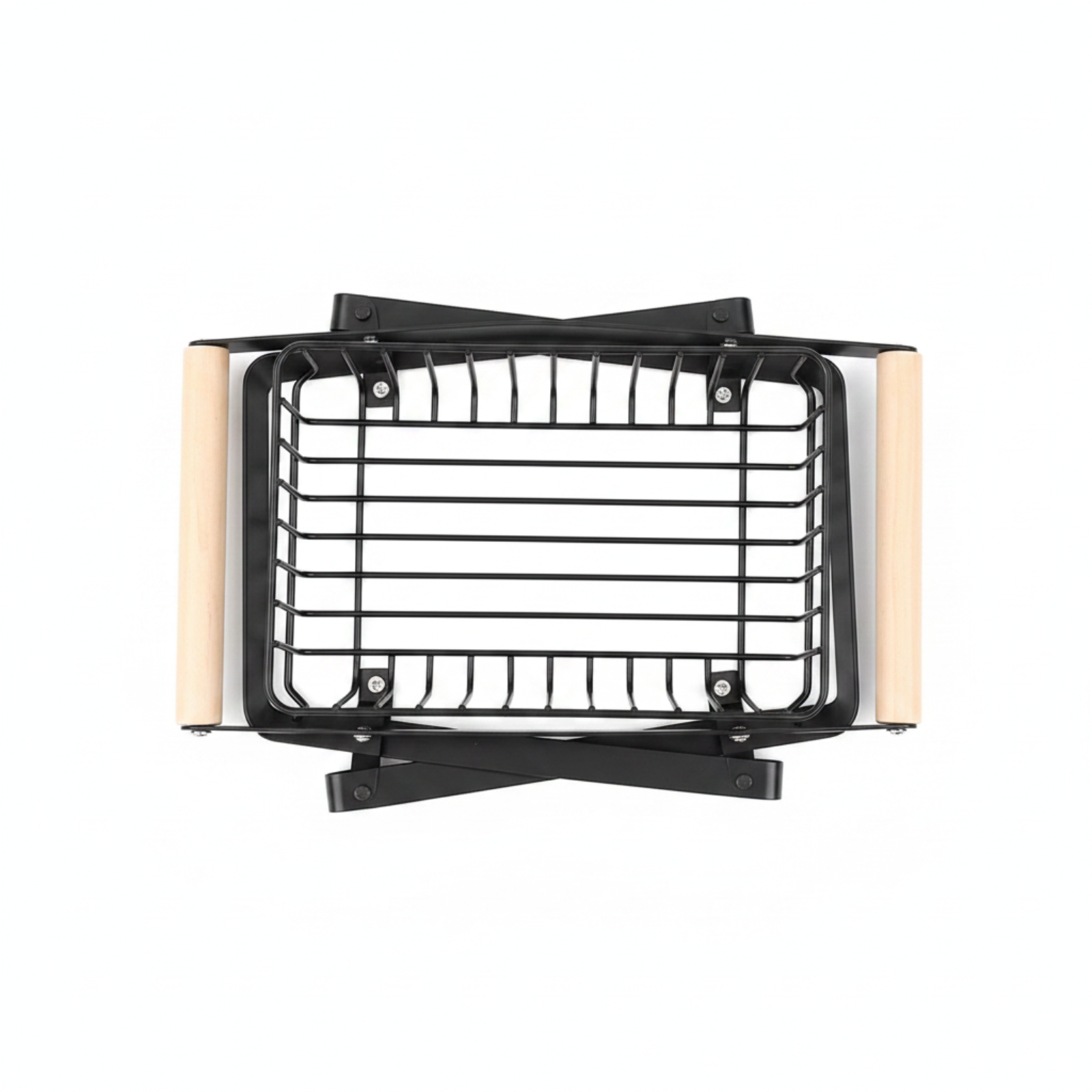 A black metal wire basket with light beige wooden side handles, shown from a top-down foldable view on a solid white background.