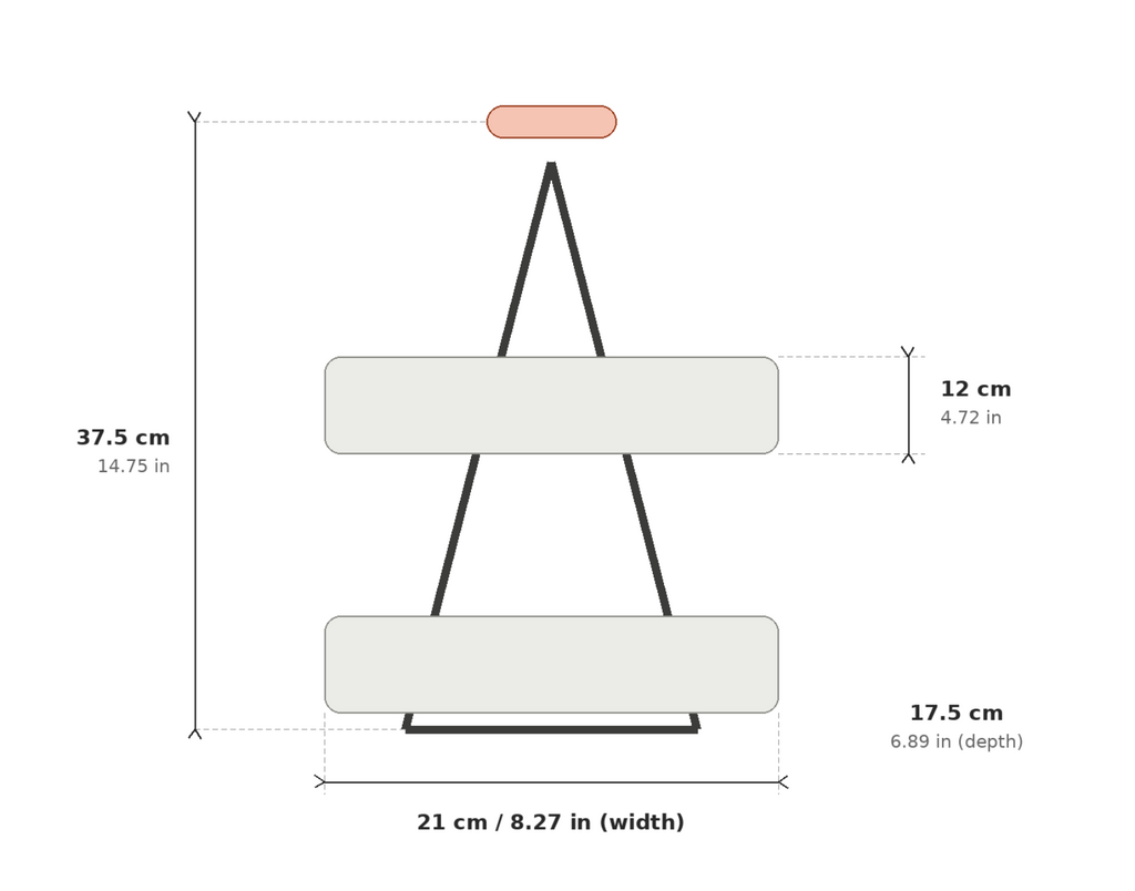 A dimension diagram of a small product silhouette on a white background, with measurements labeled 37.5 cm tall, 21 cm wide, 17.
