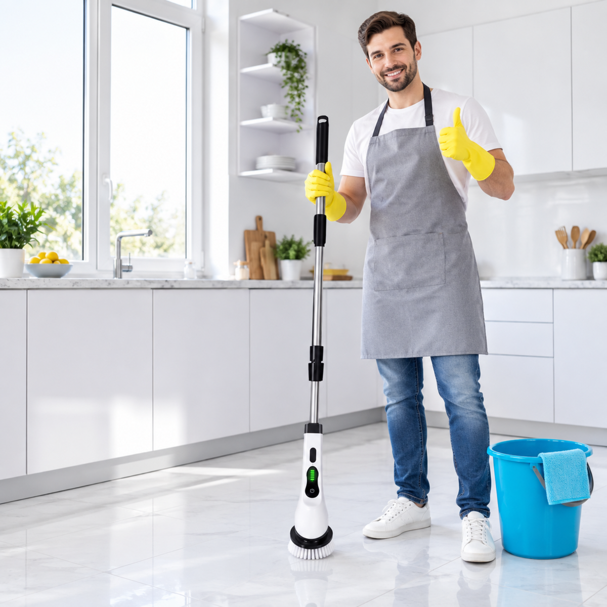 A man wearing a gray apron, white t-shirt, blue jeans, and yellow cleaning gloves stands in a bright modern kitchen holding a cordless steam mop. A blue bucket with a blue towel is on the floor next to him.