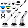 Electric  brush cleaner kit with a long extendable handle, three brush attachment heads, multiple round polishing pads, a coiled USB charging cable, and a transparent protective cover shown on a white background.