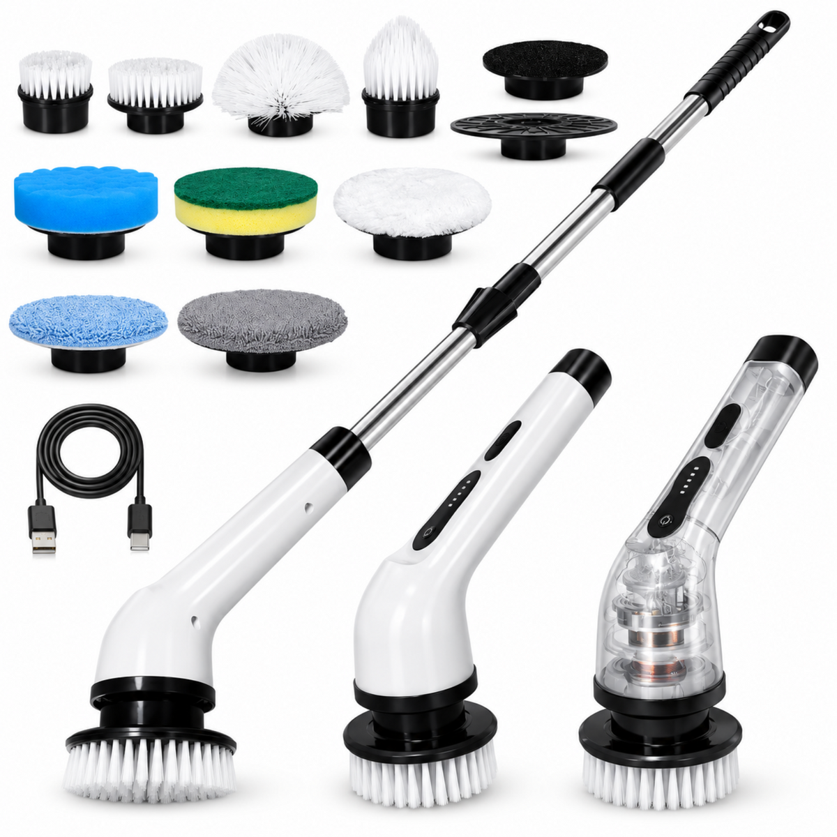 Electric  brush cleaner kit with a long extendable handle, three brush attachment heads, multiple round polishing pads, a coiled USB charging cable, and a transparent protective cover shown on a white background.