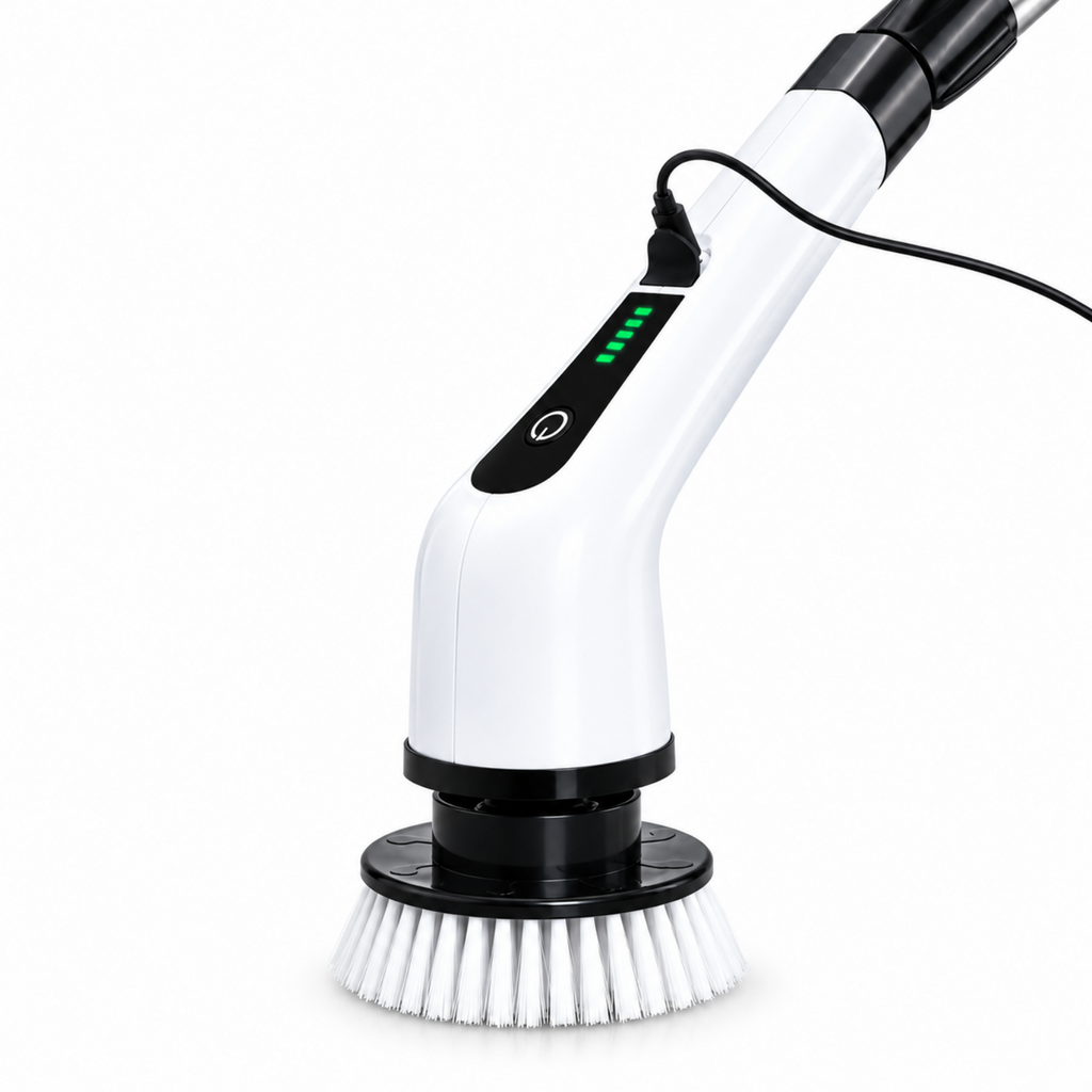White and black electric handheld brush attachment with a round bristle head and a visible power button and LED battery indicator, shown on a clean white background.