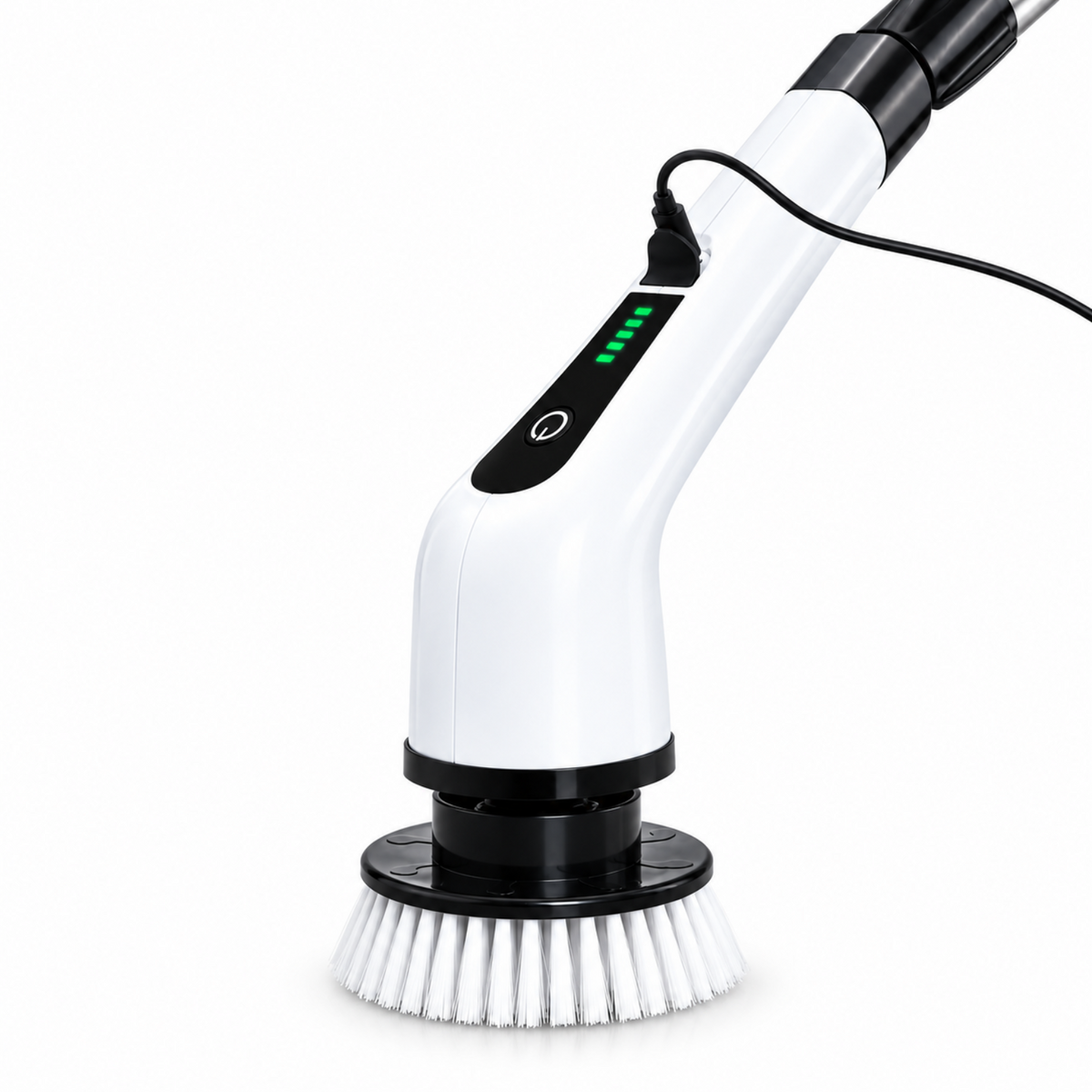 White and black electric handheld brush attachment with a round bristle head and a visible power button and LED battery indicator, shown on a clean white background.