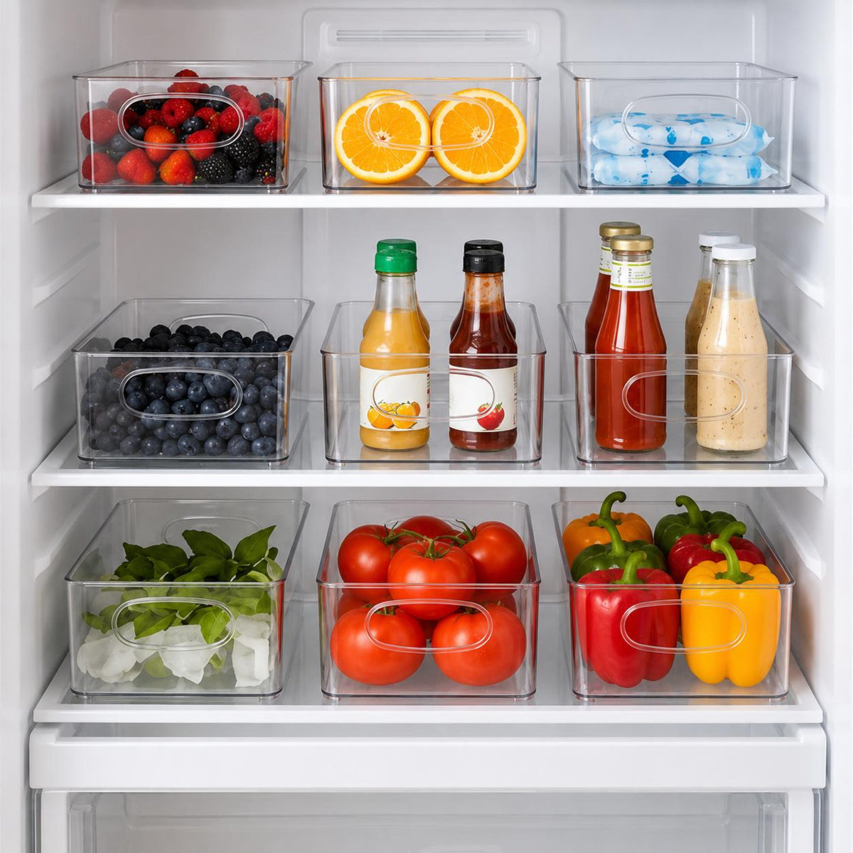 Clear plastic organizer bins arranged on white refrigerator shelves, holding mixed berries, orange slices, blue ice, blueberries, juice bottles, ketchup and mustard bottles, lettuce, tomatoes, and bell peppers.