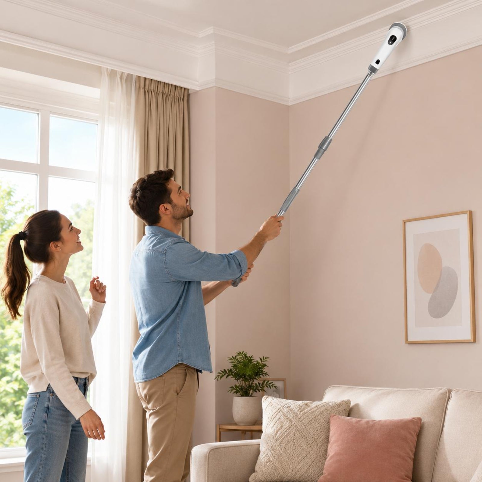 A man uses a long-handled ceiling-mounted cleaning tool to clean the top of a wall in a bright living room, while a woman watches from below. The room has blush pink walls, a cream sofa with pillows, a small plant, and framed wall art.