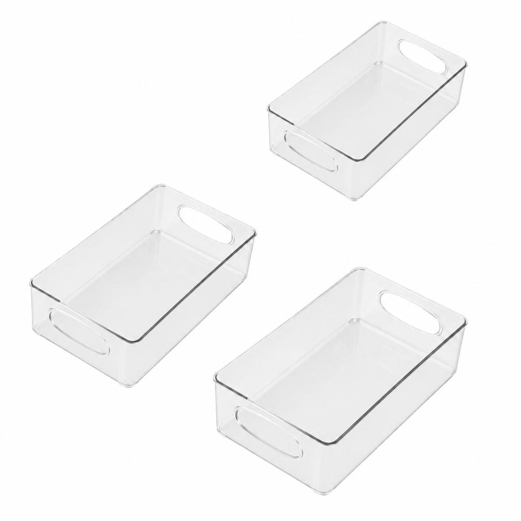 Three clear rectangular plastic storage bins with integrated oval handles, shown on a plain white background.