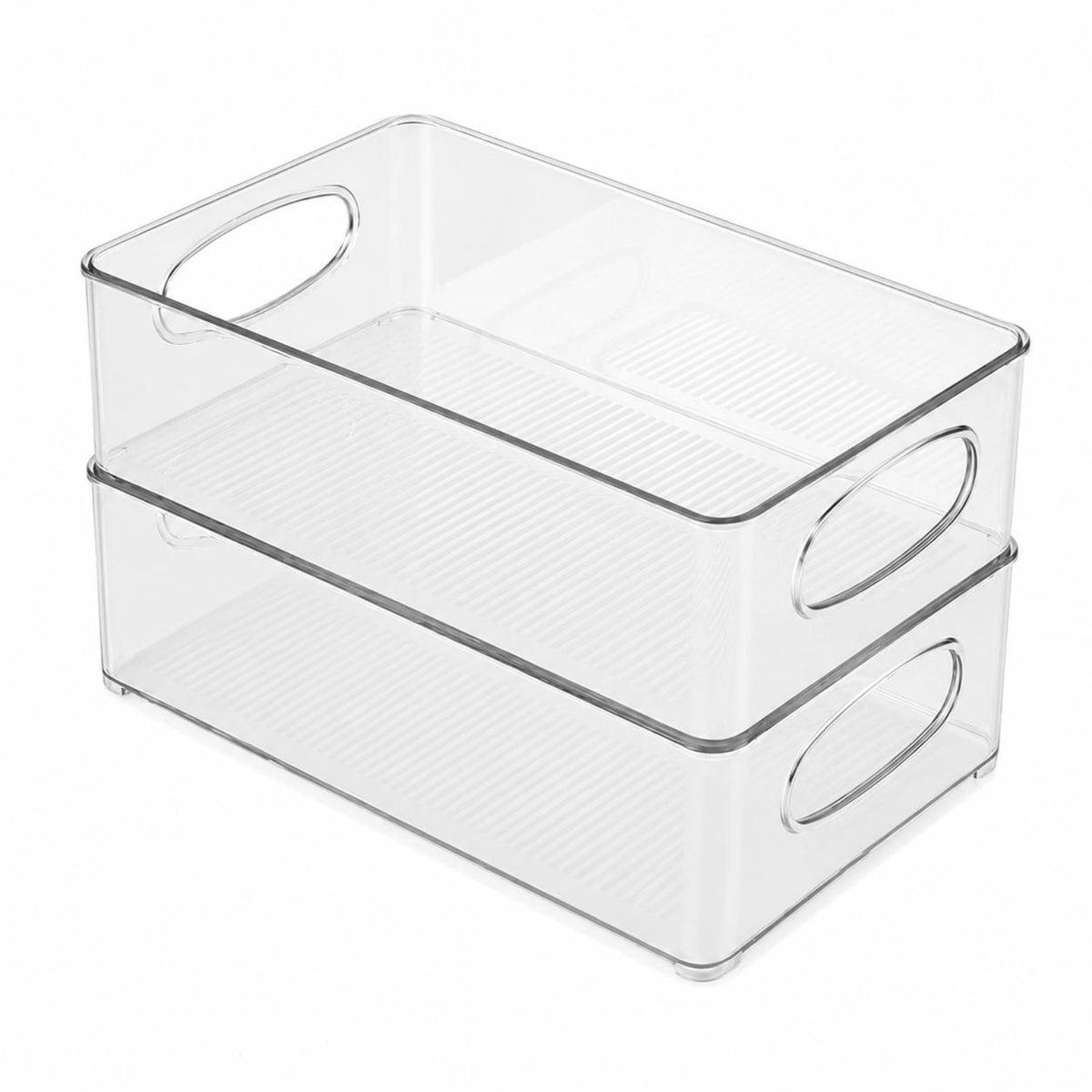 Two clear plastic storage bins stacked vertically, featuring oval cutout handles on the sides, shown on a plain white background.