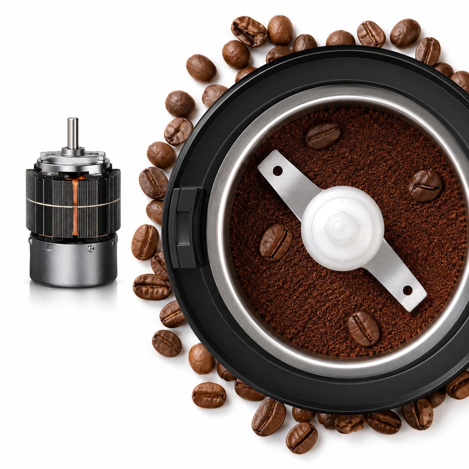 Coffee grinder parts shown on a white background, including a close-up of the black and silver grinding chamber filled with coffee beans and ground coffee, alongside a separate motor assembly.