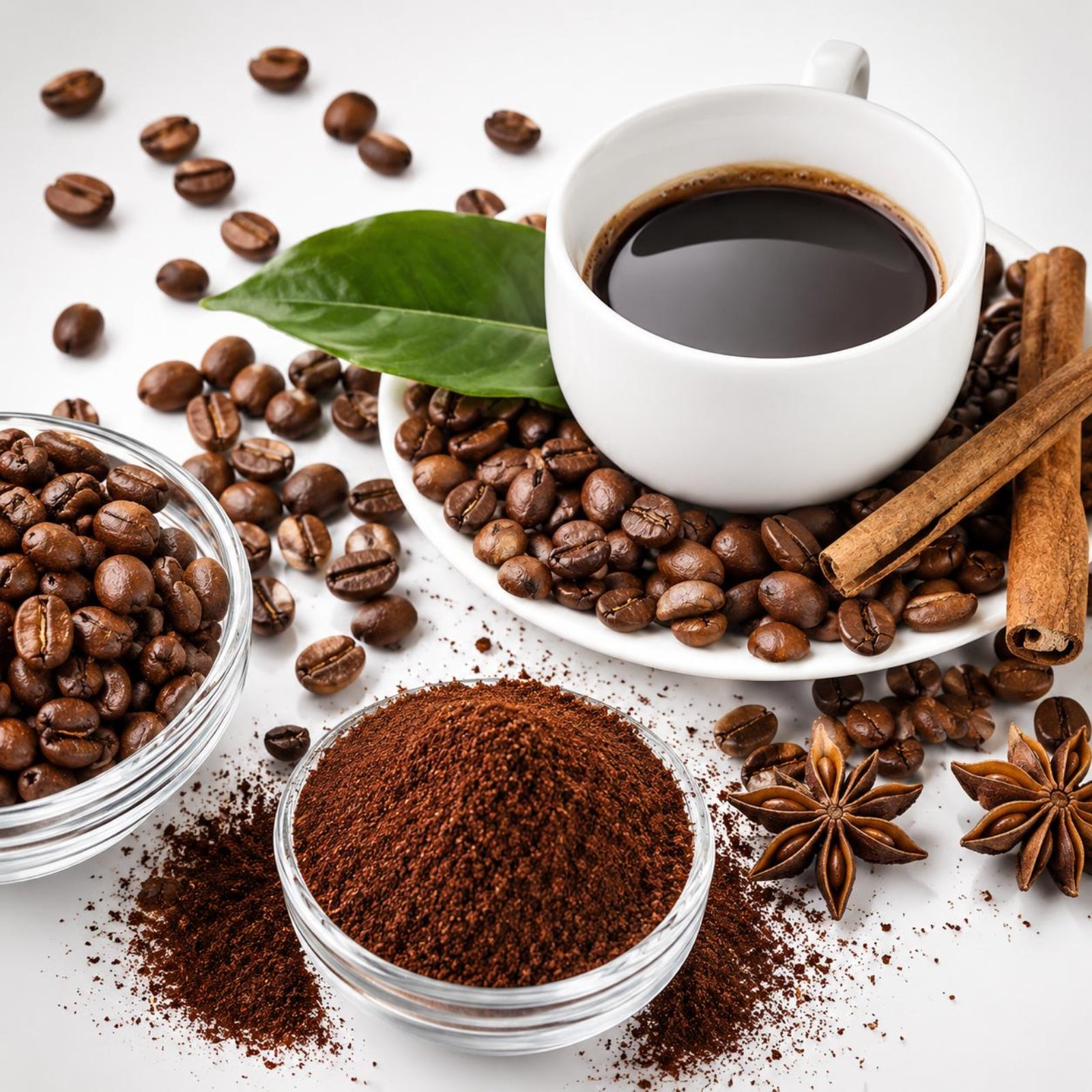 A styled coffee setup on a white surface featuring a white ceramic cup filled with black coffee, scattered roasted coffee beans, a small glass bowl of ground coffee, cinnamon sticks, star anise, and a green leaf.