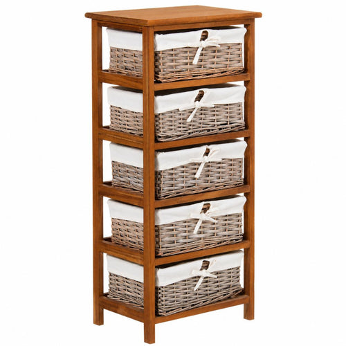 A five-tier wooden storage cabinet with woven wicker baskets and white fabric liners, shown on a plain white background.