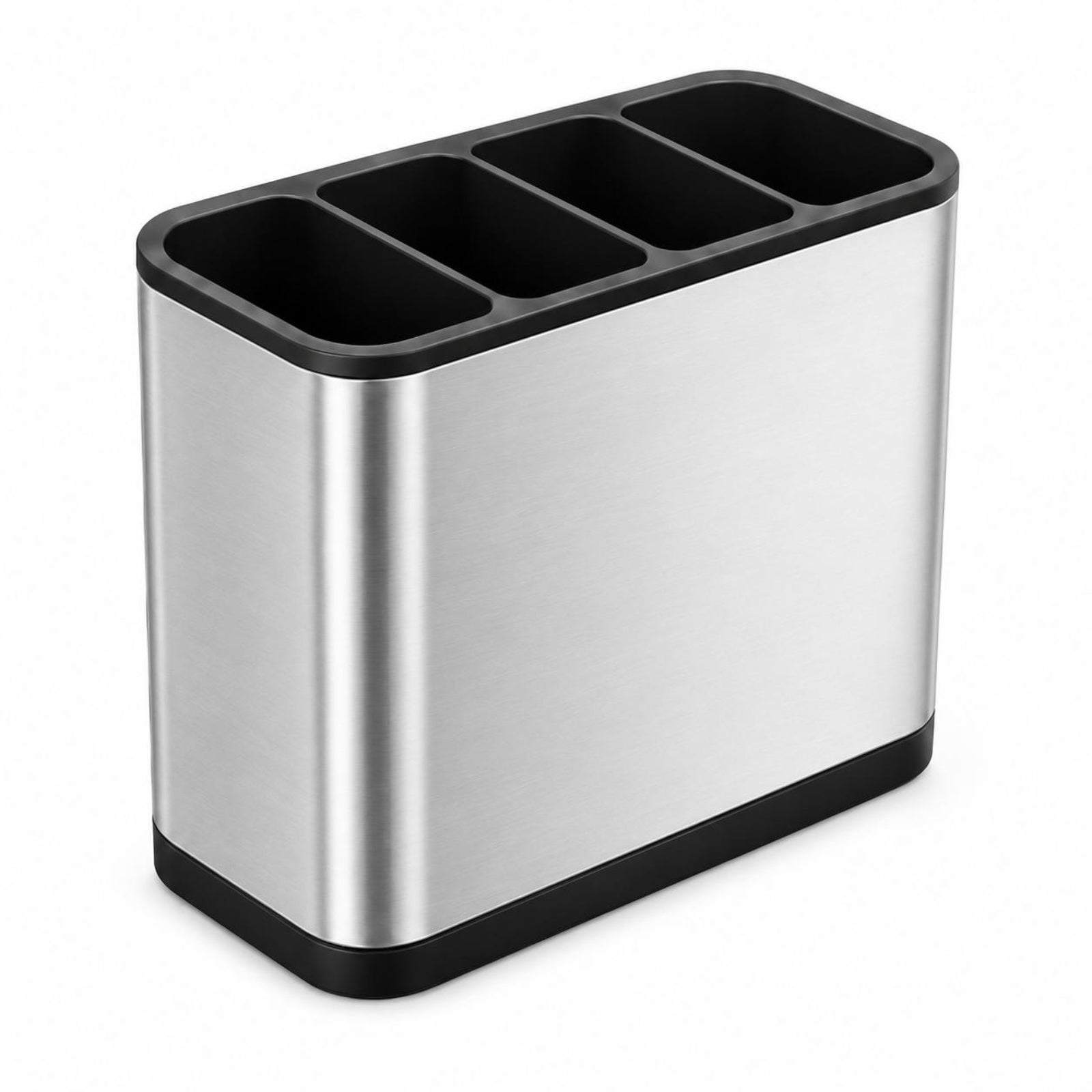 A stainless steel four-compartment desk organizer with black trim, shown on a plain white background.