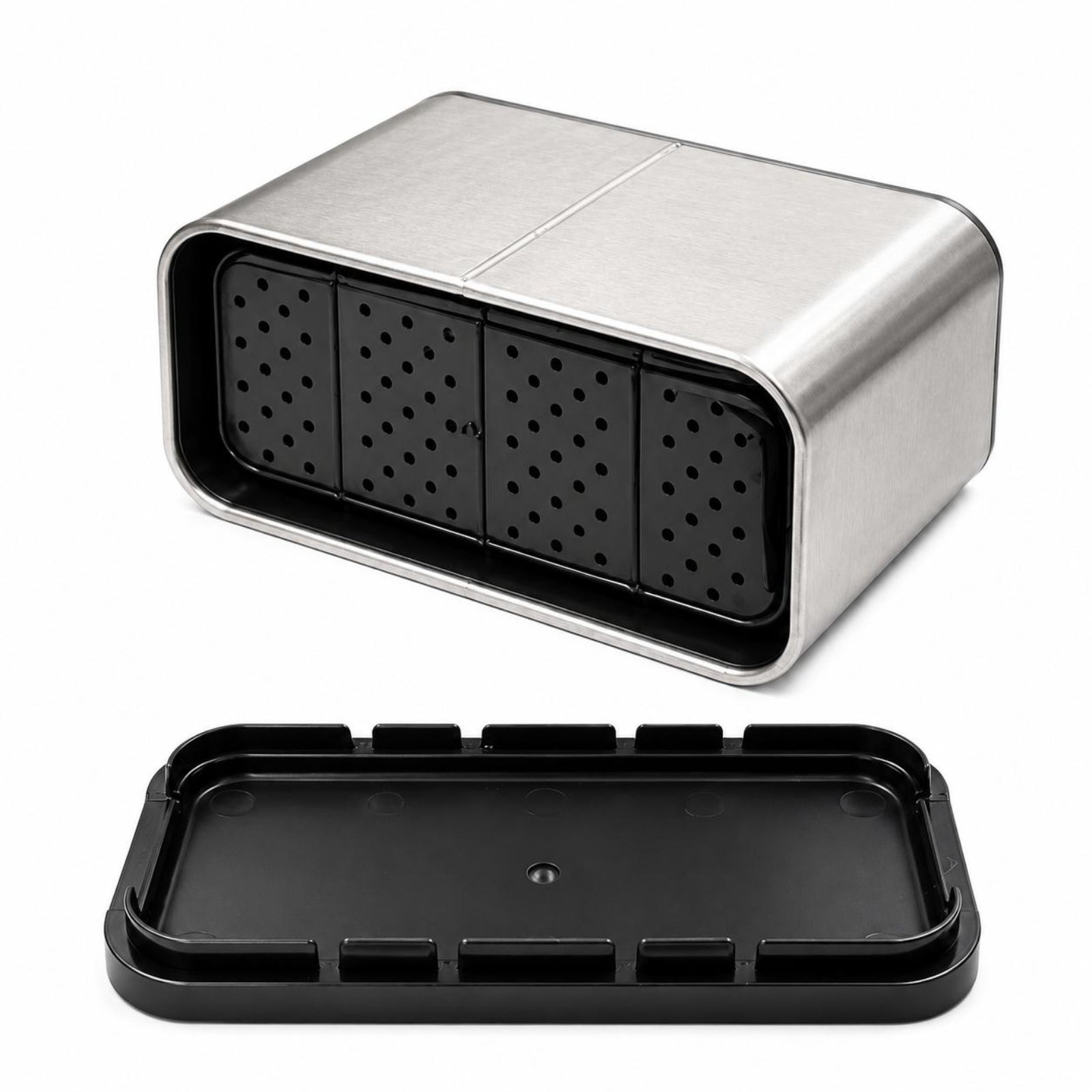 A stainless steel rectangular container with four black perforated lid panels shown above, and a separate black lid placed below on a white background.