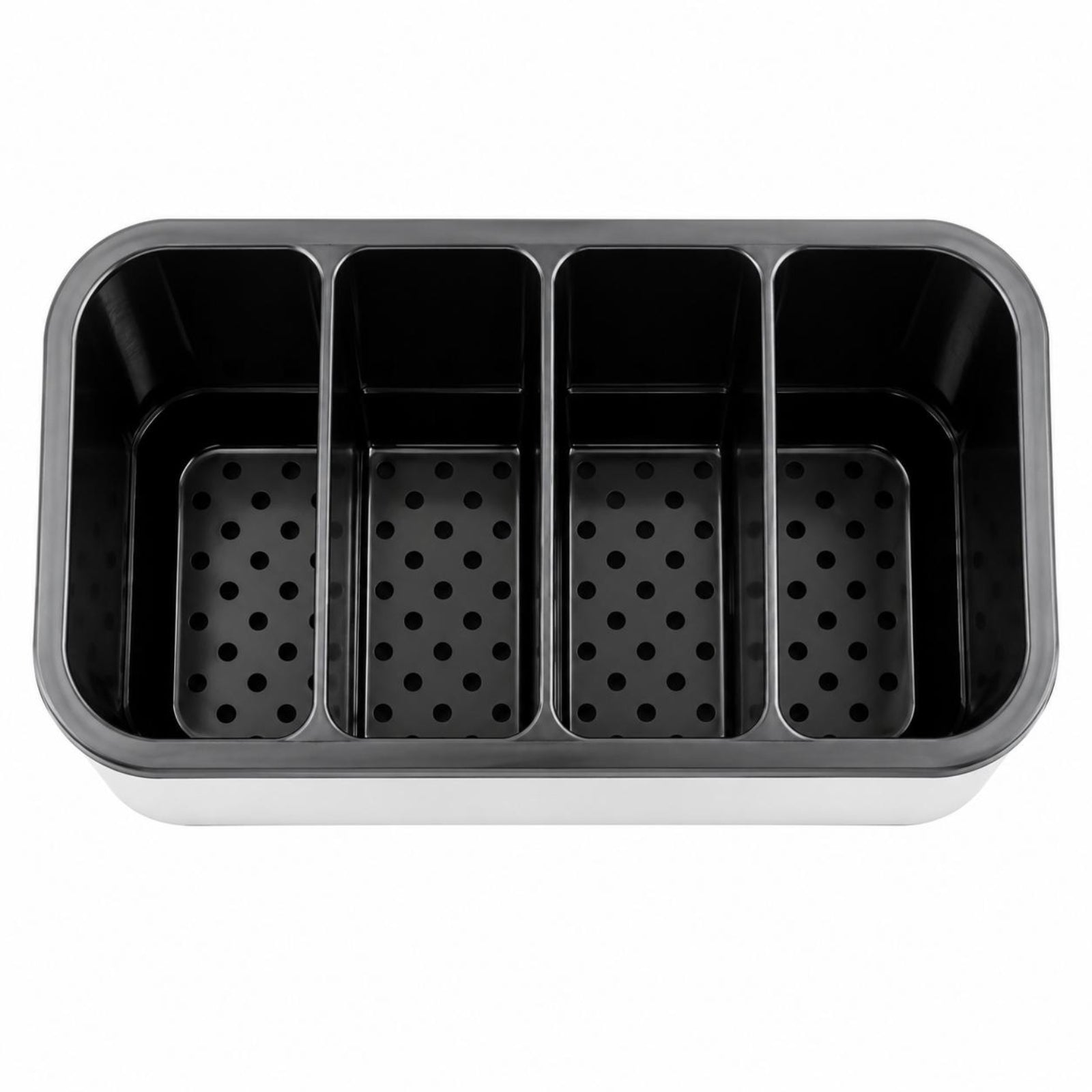 A black five-compartment loaf pan with perforated bottoms, shown from a top-down view on a white background.