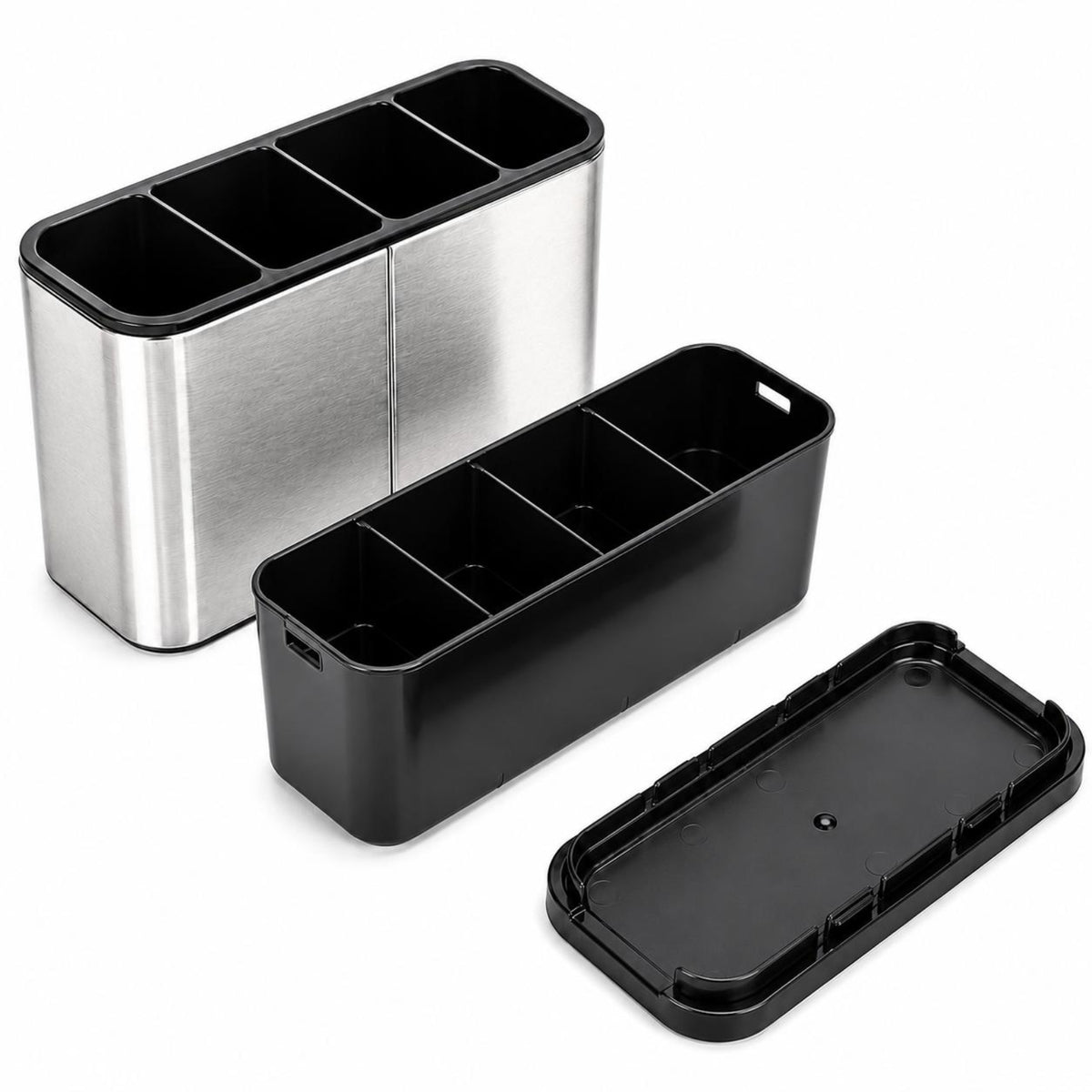 A stainless steel and black 4-compartment organizer bin shown with its black lid off, on a plain white background.