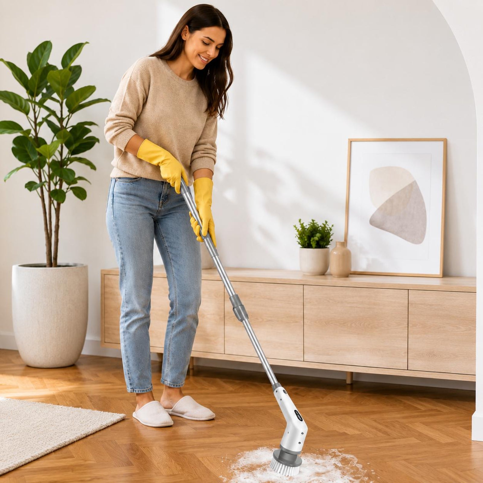 A woman wearing a beige sweater, blue jeans, and yellow cleaning gloves uses a cordless floor cleaner with a silver handle and white cleaning head on a light wood herringbone floor in a bright, modern room.