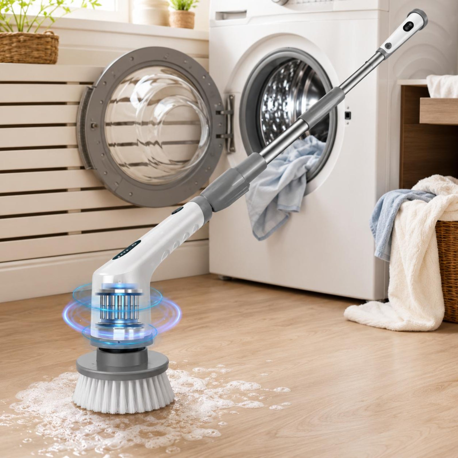 A cordless floor scrubber with a white and gray handle and a blue-lit rotating brush head is shown cleaning a light wood floor in a laundry room, with a washing machine and laundry visible in the background.
