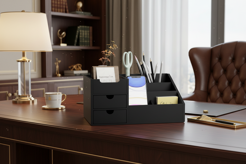 A black rectangular desk organizer with multiple compartments, including two small drawers, holding pens, scissors, sticky notes, and cards, placed on a dark wood desk in a styled office setting.