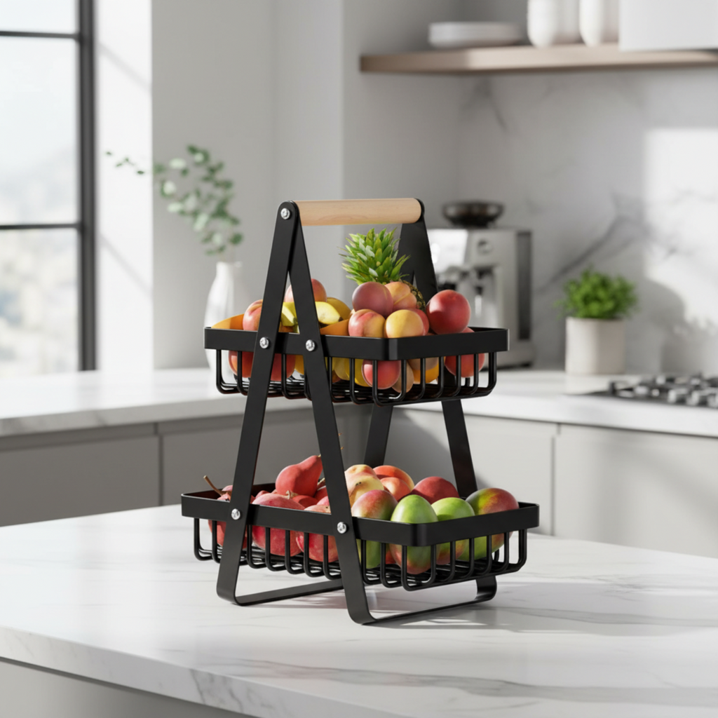 A two-tier black metal fruit basket with a light wood handle, filled with fresh apples and pears, set on a white marble kitchen countertop.