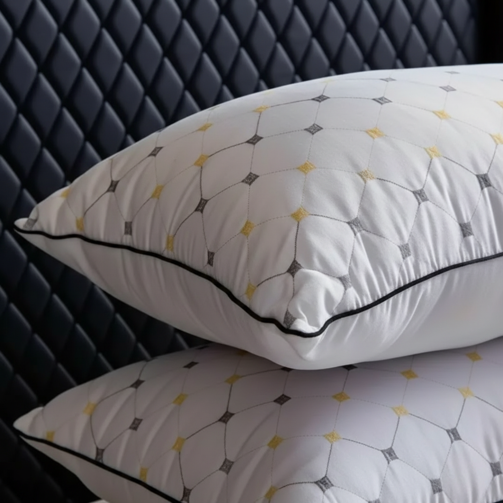 Two white quilted pillows stacked on a black quilted headboard, featuring a geometric diamond pattern in grey and yellow with black piping.