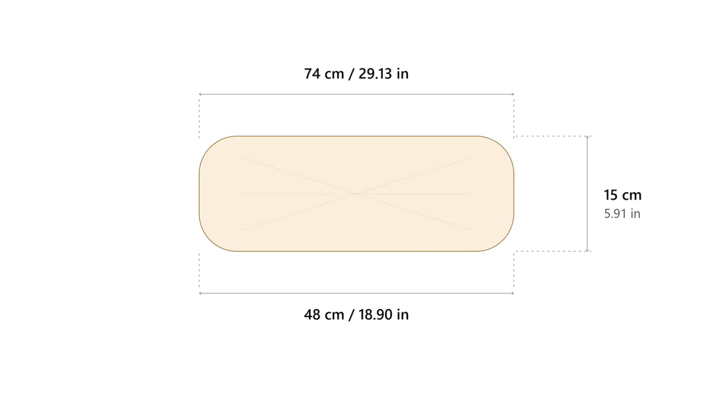 A simple product dimension diagram on a white background showing a rounded rectangular item with measurements labeled 74 cm / 29.13 in across the top, 48 cm / 18.