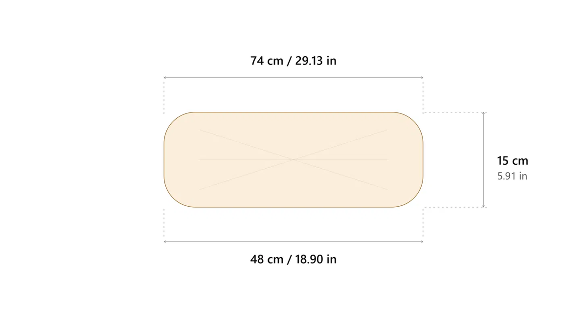 A simple product dimension diagram on a white background showing a rounded rectangular item with measurements labeled 74 cm / 29.13 in across the top, 48 cm / 18.