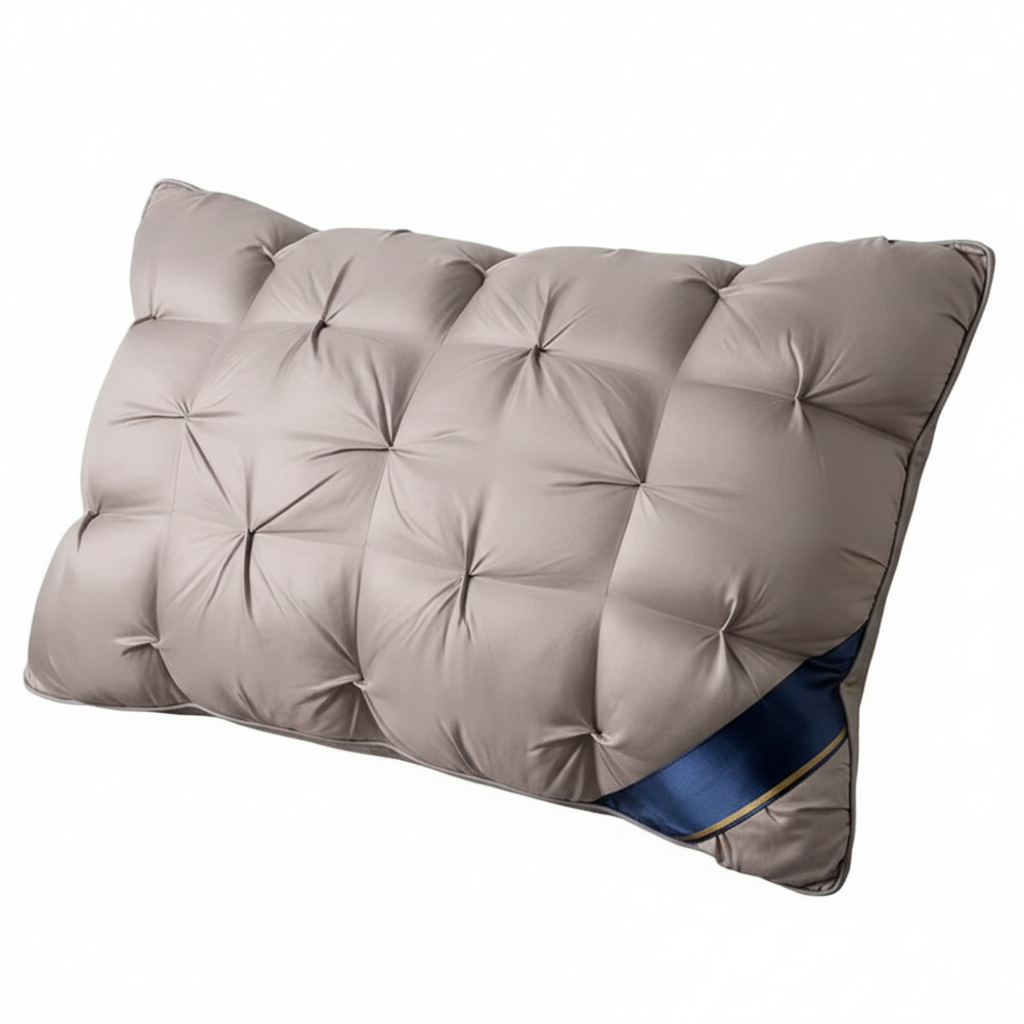 A rectangular tufted pillow in a taupe-beige color, featuring a decorative blue and gold striped accent panel on one corner, shown against a plain white background.