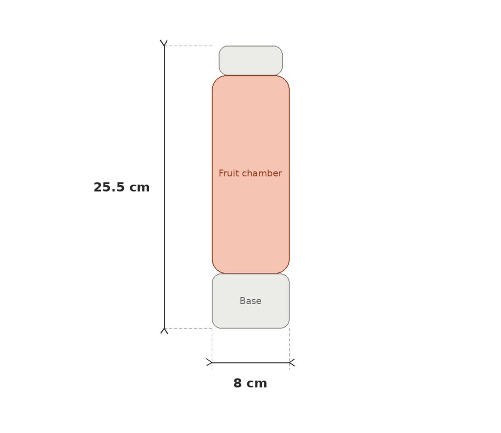 A simple line drawing of a bottle with labeled dimensions: 25.5 cm height and 8 cm width, showing a peach-colored fruit chamber and light gray base on a white background.