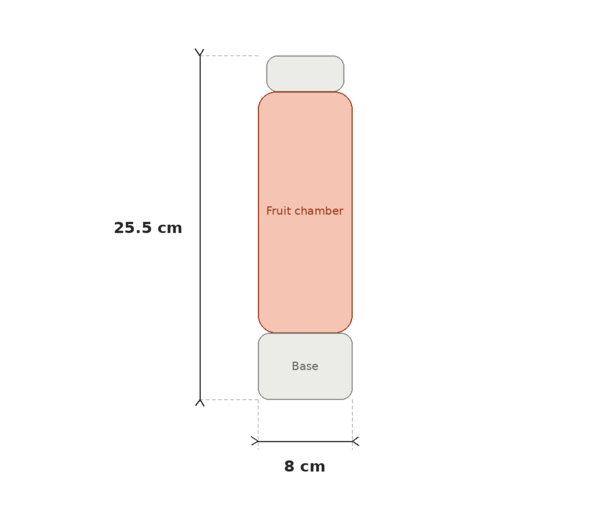 A simple line drawing of a bottle with labeled dimensions: 25.5 cm height and 8 cm width, showing a peach-colored fruit chamber and light gray base on a white background.