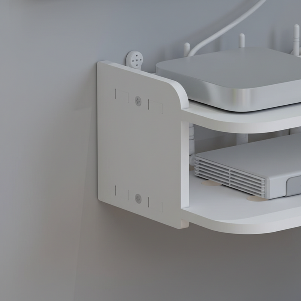 White wall-mounted shelf unit with two tiers holding a silver electronic device and a white cable, shown against a light gray wall.