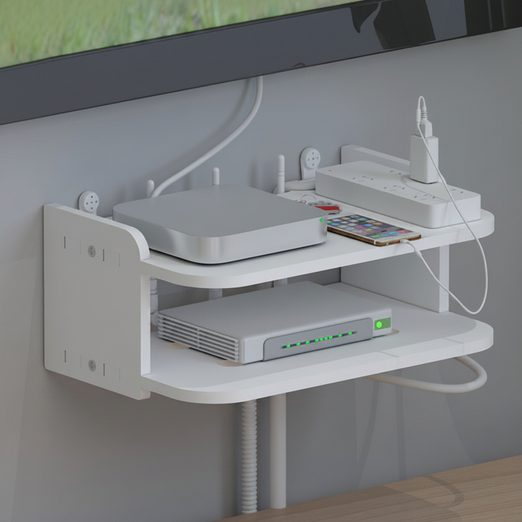 A white wall-mounted TV stand shelf with two tiers, holding electronic devices like a streaming box, router, power strip, and phone, mounted on a gray wall.