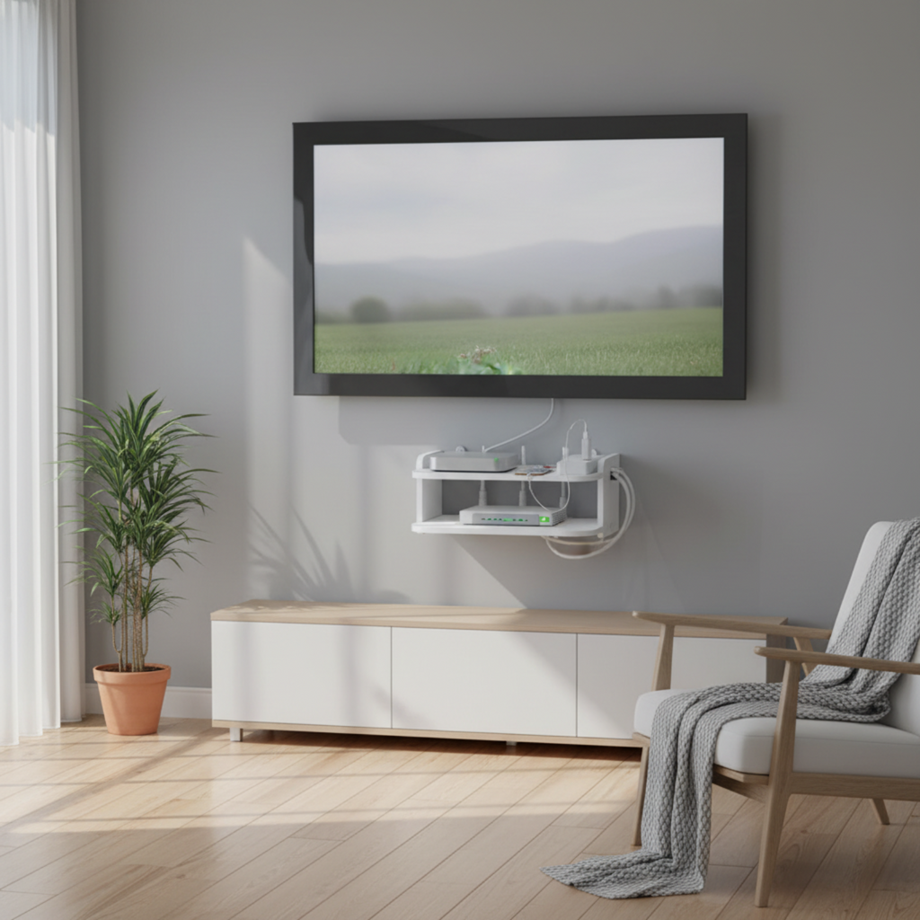 A modern wall-mounted flat-screen TV with a black frame, displaying a misty green field scene. The TV is mounted on a light gray wall above a white media console with a light wood top.
