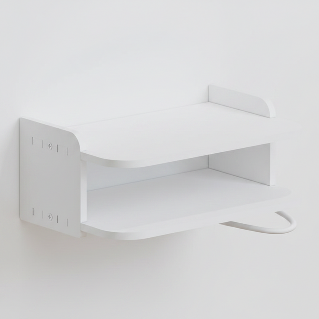 A minimalist white two-tier wall-mounted shelf with a curved bottom rail and a small hanging hook, shown against a plain white wall.