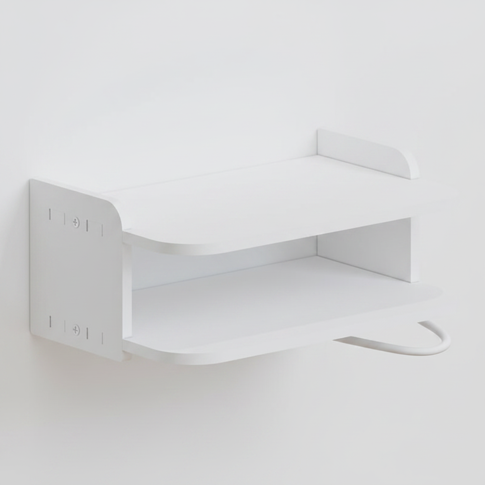 A minimalist white two-tier wall-mounted shelf with a curved bottom rail and a small hanging hook, shown against a plain white wall.