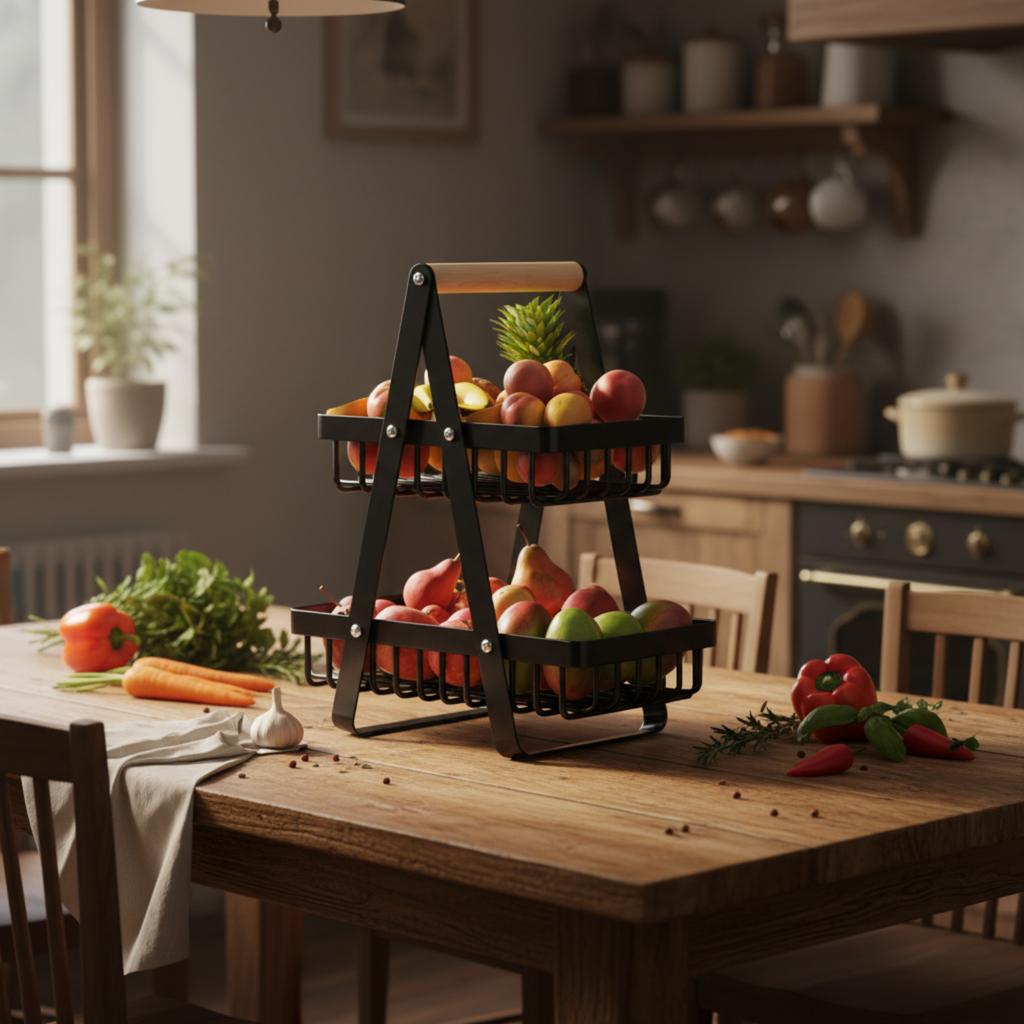 A two-tier black metal fruit basket with a light wood handle sits on a wooden dining table in a warm, softly lit kitchen setting. The basket is filled with fresh red apples, pears, and a pineapple.