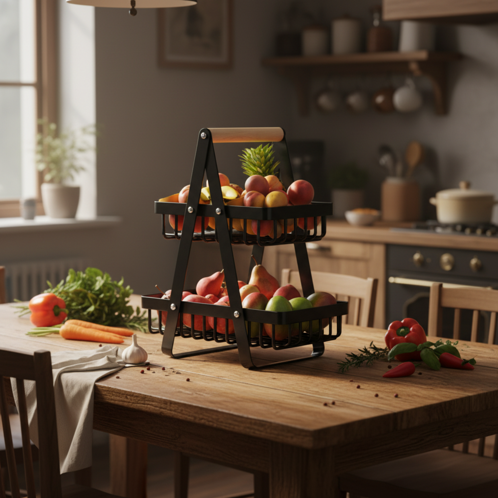 A two-tier black metal fruit basket with a light wood handle sits on a wooden dining table in a warm, softly lit kitchen setting. The basket is filled with fresh red apples, pears, and a pineapple.