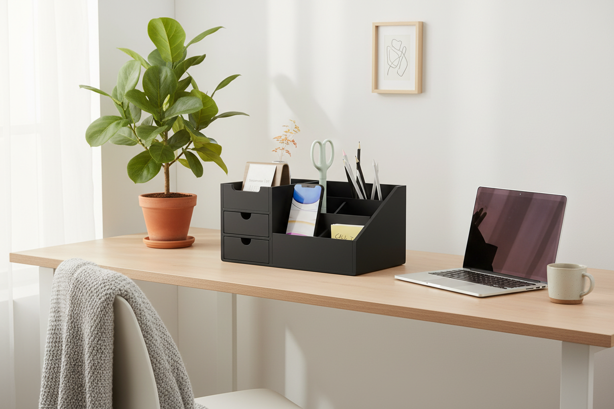 A black multi-compartment desk organizer holding pens, scissors, and small accessories, styled on a light wood desk in a bright home office with a potted plant, laptop, and mug.