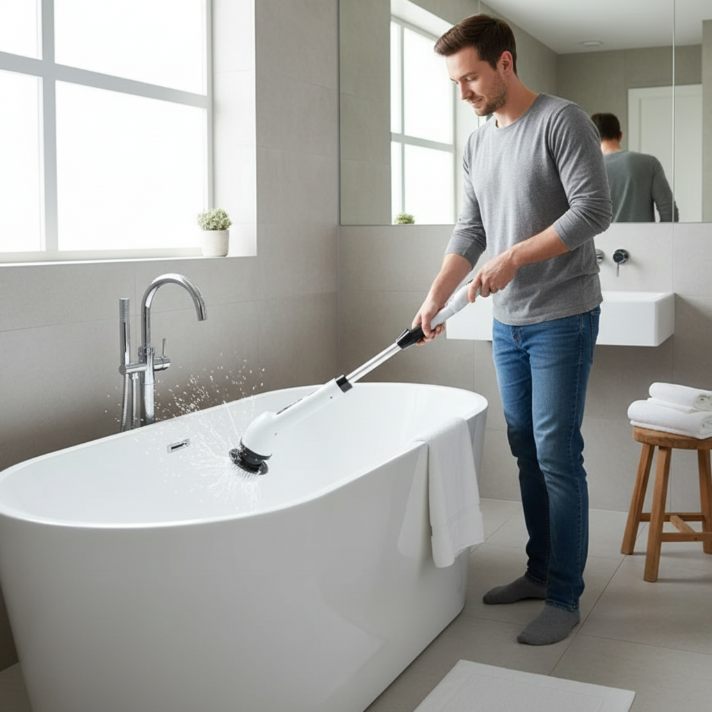 A man in a gray long-sleeve shirt and blue jeans uses a handheld white and black bathtub cleaning brush inside a bright, modern white freestanding bathtub.