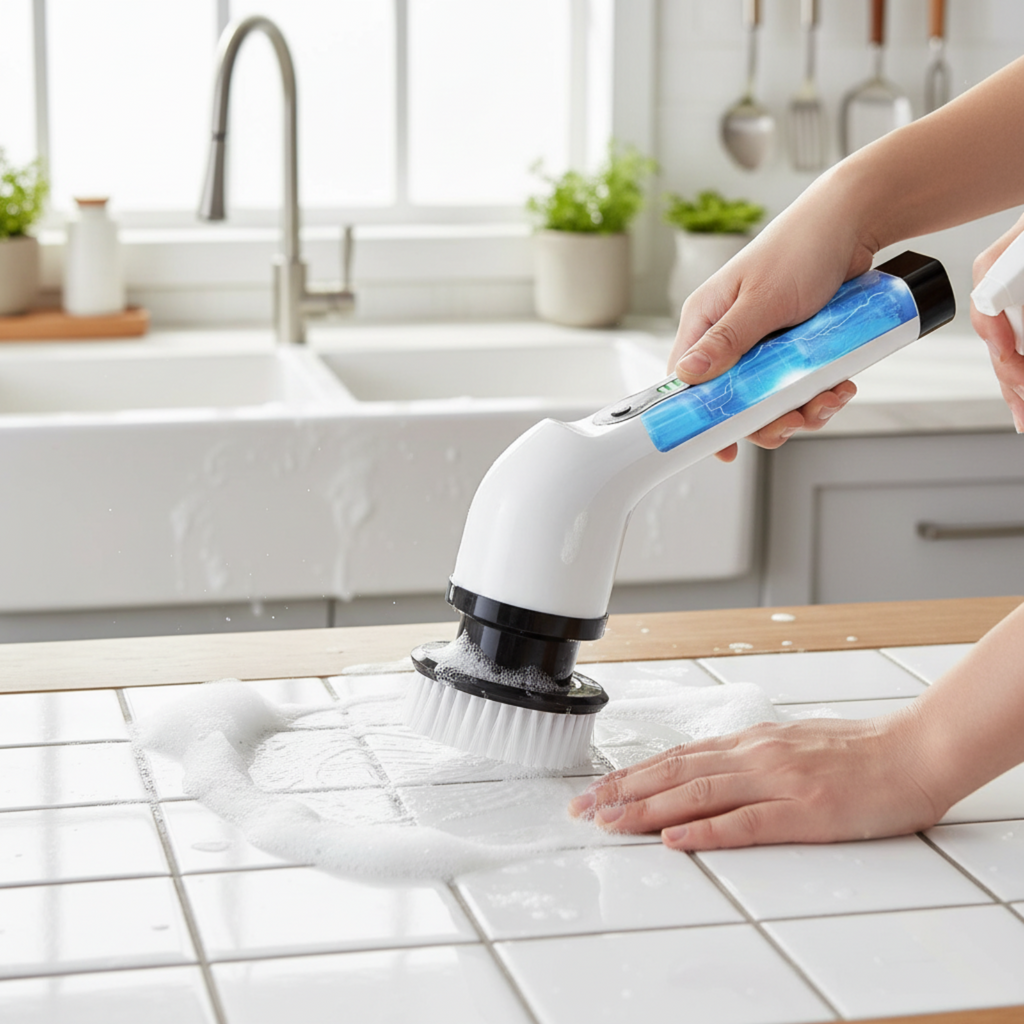 A handheld electric dishwashing brush with a white and blue handle is being used by a person to scrub a soapy kitchen countertop near a sink.