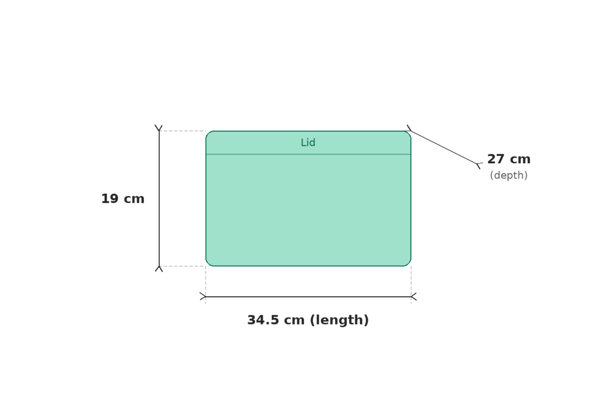 A simple diagram showing the dimensions of a rectangular lid, labeled 34.5 cm in length, 19 cm in height, and 27 cm in depth, on a plain white background.